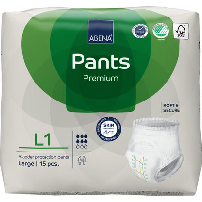 Una confezione di ABENA Pants Premium L di Abena Re-Seller GmbH, taglia Large, contiene 15 pantaloni per la protezione della vescica. La confezione bianco-verde porta la scritta protezione contro le perdite e mostra l'immagine di un pantalone protettivo.
