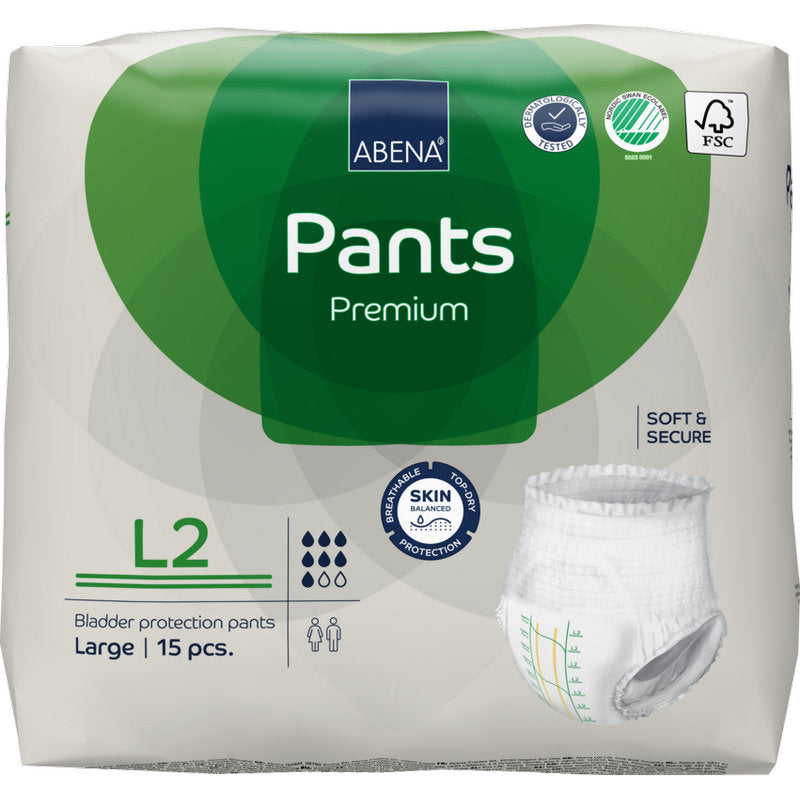Una confezione da 15 pezzi di ABENA Pants Premium L di Abena Re-Seller GmbH, taglia Large. La confezione contiene protezione contro le perdite, certificazioni e un'immagine del prodotto.