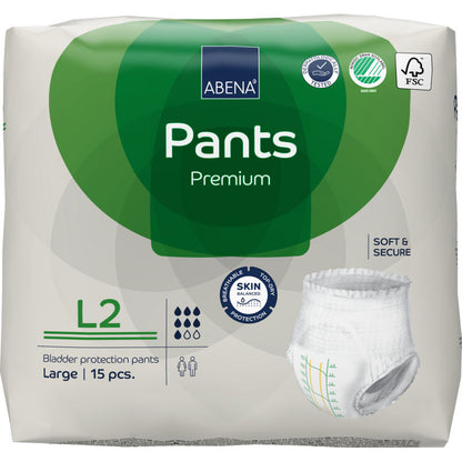 Una confezione da 15 pezzi di ABENA Pants Premium L di Abena Re-Seller GmbH, taglia Large. La confezione contiene protezione contro le perdite, certificazioni e un'immagine del prodotto.