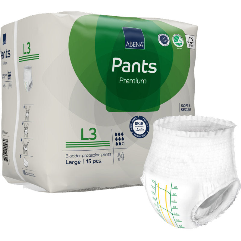 Una confezione di ABENA Pants Premium L di Abena Re-Seller GmbH, taglia Large, contiene 15 pantaloni per la protezione della vescica. Un pannolino è raffigurato fuori dalla confezione bianco-verde, che mostra informazioni sul prodotto, simboli di protezione contro le perdite e un marchio.