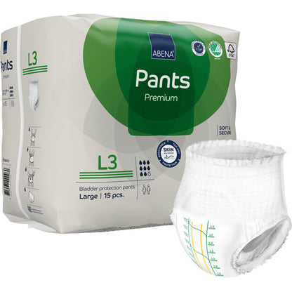 Una confezione di ABENA Pants Premium L di Abena Re-Seller GmbH, taglia Large, contiene 15 pantaloni per la protezione della vescica. Un pannolino è raffigurato fuori dalla confezione bianco-verde, che mostra informazioni sul prodotto, simboli di protezione contro le perdite e un marchio.