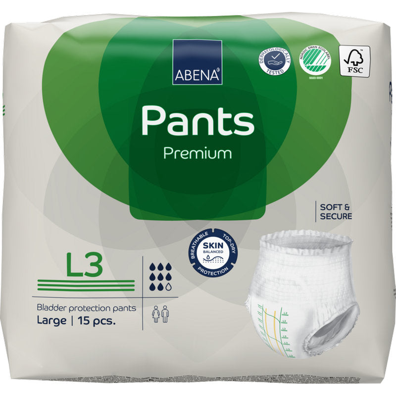 Una confezione da 15 di ABENA Pants Premium L della Abena Re-Seller GmbH in confezione verde-bianca con protezione contro le perdite, informazioni sul prodotto e un'immagine del pantalone sulla parte anteriore.