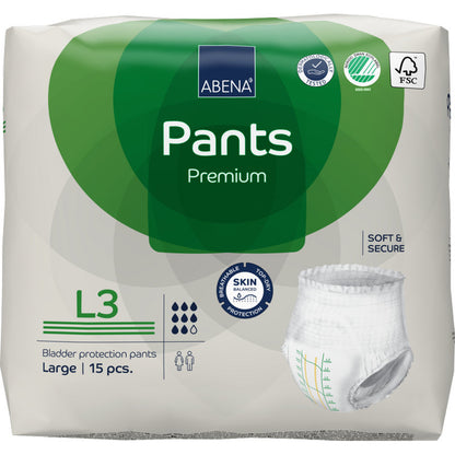 Una confezione da 15 di ABENA Pants Premium L della Abena Re-Seller GmbH in confezione verde-bianca con protezione contro le perdite, informazioni sul prodotto e un'immagine del pantalone sulla parte anteriore.