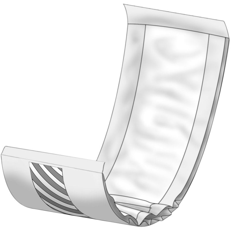 Eine schlichte Schwarz-Weiß-Illustration einer entfalteten ABENA Let Einwegwindel von Abena Re-Seller GmbH, die das saugfähige Innenmaterial und die elastischen Beinbündchen hervorhebt - ideal zum Mitnehmen in einer hochwertigen Tasche für unterwegs.