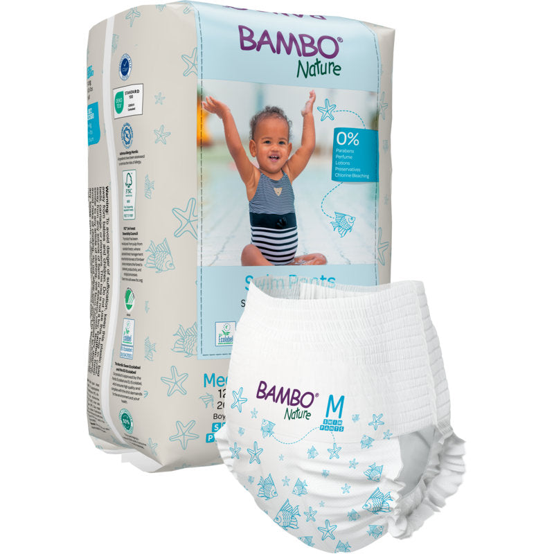 Abgebildet ist eine Packung Bambo Nature Schwimmwindel, Gr. M, 12+ kg (Abena Re-Seller GmbH), die 12 Paare enthält, mit einer umweltfreundlichen Windel im Vordergrund. Die Packung zeigt ein lächelndes Kind in Badekleidung und blaue Seesterne.