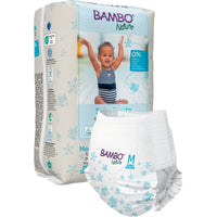 A package of Bambo Nature swim diapers, size M, 12+ kg (12 pieces) from Abena Re-Seller GmbH features a picture of a swim diaper on the front and shows a smiling child in a swimsuit with arms raised on the packaging.