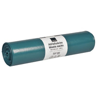 Un rouleau de sacs poubelle Abena Re-Seller GmbH de 120 L (700 x 1 100 mm, 76 my LDPE, bleu) contient 15 sacs et est muni d'une étiquette blanche comportant des informations en allemand et en anglais.