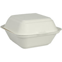 Le « Burgerbox Bagasse, Blanc » d'Abena Re-Seller GmbH est un récipient à emporter rectangulaire, blanc et hermétique, muni d'un couvercle à charnière, fabriqué à partir d'un matériau biodégradable et respectueux de l'environnement.