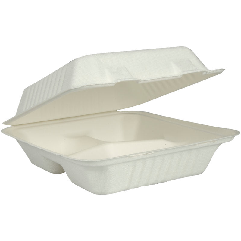 Die Abena Re-Seller GmbH Menübox (Bagasse, 3-geteilt, weiß, 22,3x20x7,8 cm), Packung à 50 Paare, ist biologisch abbaubar und umweltfreundlich - offen und leer mit praktischem Klappdeckel gezeigt.