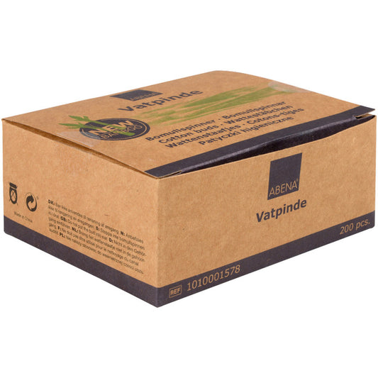 Eine braune Pappschachtel mit der Aufschrift "Abena Re-Seller GmbH Wattestäbchen, 7,5 cm, Bambus/Baumwolle | Packung (200 Paare)" ist mit blauer und schwarzer Schrift und Symbolen versehen und enthält 200 umweltfreundliche Wattestäbchen.