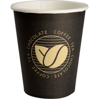 The "Beans" coffee cup from Abena Re-Seller GmbH is a black disposable paper cup with a white interior, a gold illustration of coffee beans, and the words "COFFEE - TEA - CHOCOLATE" repeated in a circle—perfect for coffee lovers.