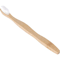 Su uno sfondo bianco è raffigurato uno spazzolino da denti ENA Living in bambù e nylon della Abena Re-Seller GmbH; il manico, con finitura effetto legno, è leggermente ricurvo: ideale per un'igiene dentale rispettosa dell'ambiente. Confezione da 30 pezzi.