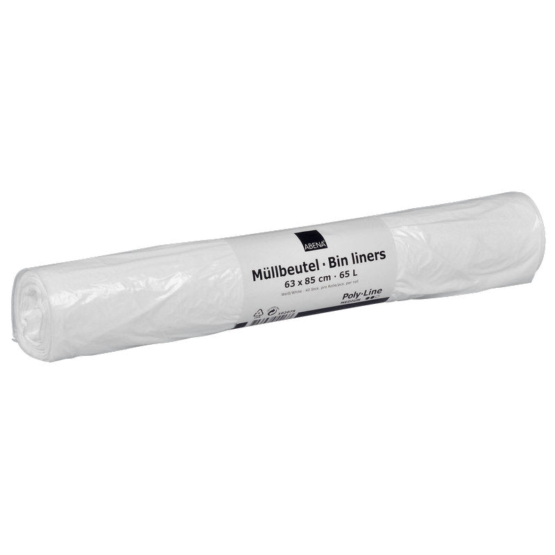 Un rouleau blanc de sacs poubelle Abena Re-Seller GmbH 65 L (630x850 mm, 13 my LDPE), inutilisé et bien emballé, contient 40 sacs par rouleau - idéal pour l'élimination des déchets.
