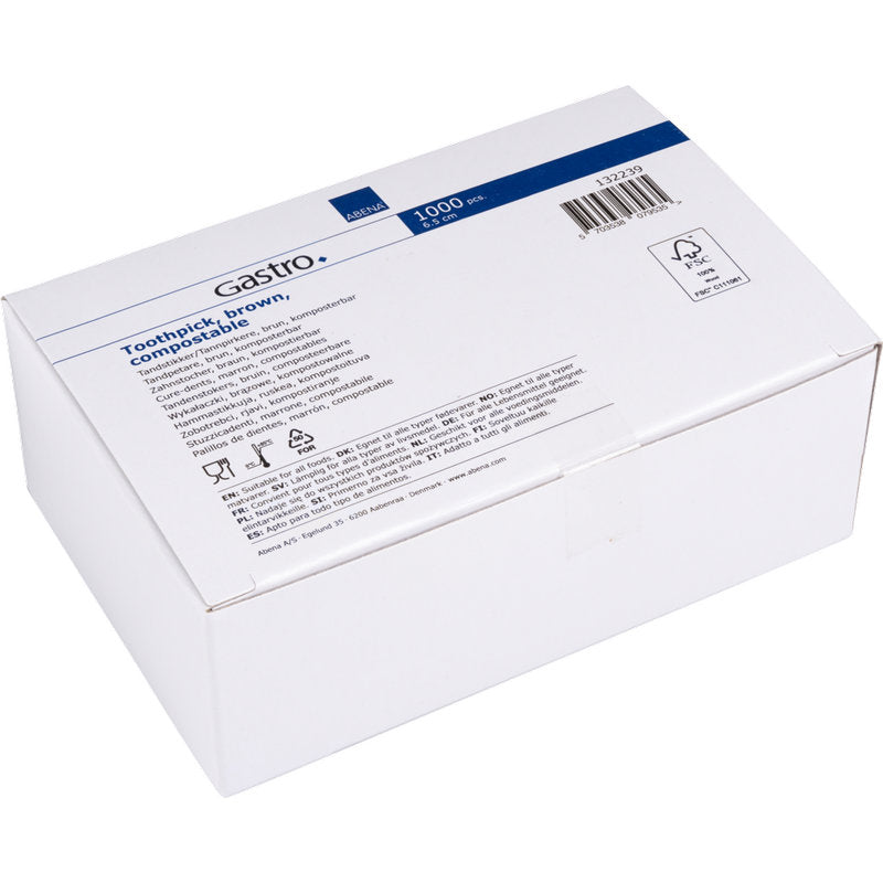 Eine weiße Pappschachtel mit der Aufschrift "Zahnstocher, 65 mm, Unverpackt, Holz | Packung (1000 Stück)" von Abena Re-Seller GmbH mit Produktinfos, Symbolen und einem Barcode auf einem blau-weißen Etikett.