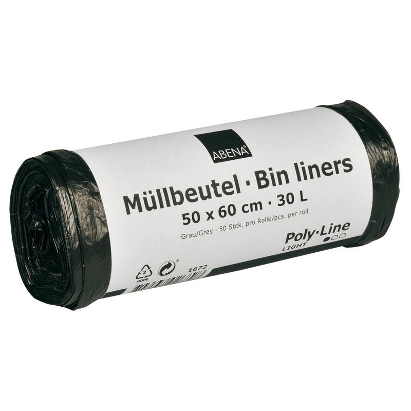 A roll of Abena Re-Seller GmbH garbage bags 30 L, 500x600 mm, 4.5 my HDPE, gray, is labeled with a white sticker with the inscription "Garbage Bags - Bin Liners" and contains 50 bags per roll.