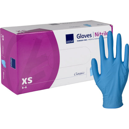 A box of Abena Re-Seller GmbH Nitrile Gloves Classic, powder-free and blue in size XS, with a single glove set up - perfect for medical facilities that need comfort and protection.