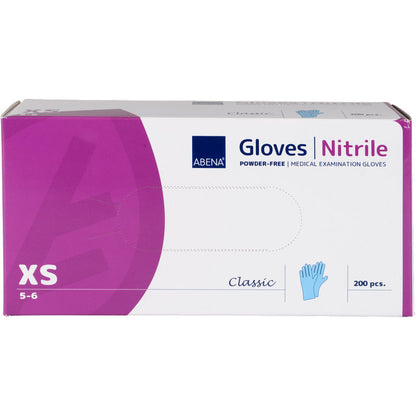 A rectangular box of Nitrile Gloves Classic, powder-free, blue from Abena Re-Seller GmbH (size XS, 5-6) contains 200 gloves - ideal for medical facilities. The predominantly white box has a purple area on the left.