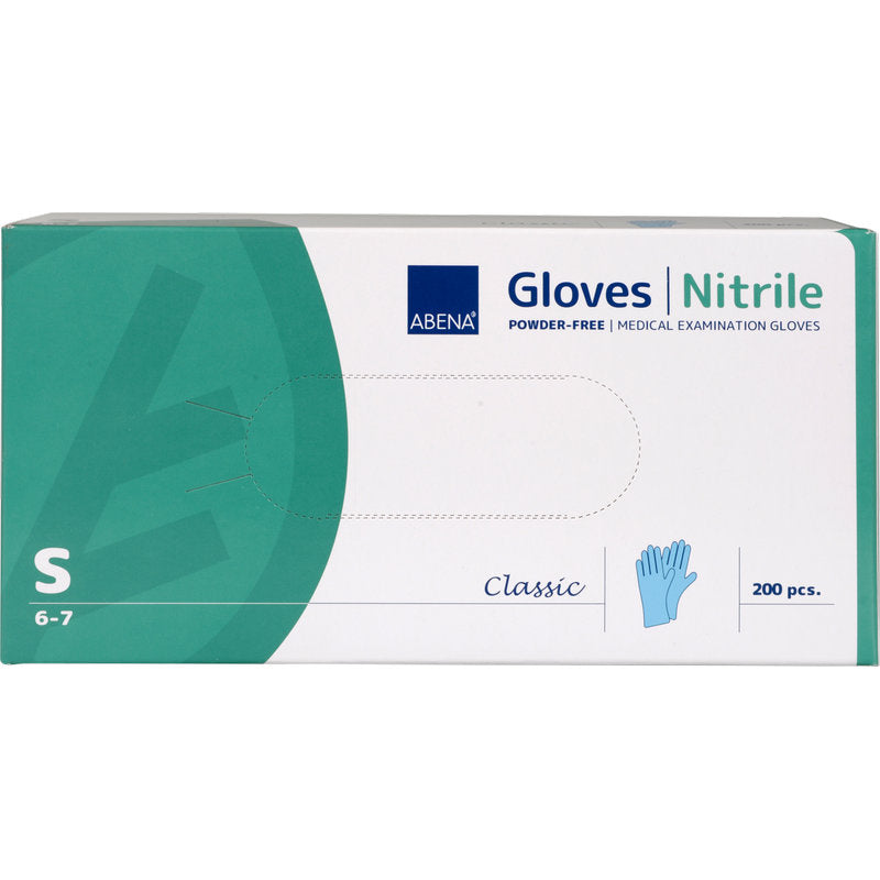A box of Abena Re-Seller GmbH Nitrile Gloves Classic, powder-free, blue, size S (6-7) contains 200 pieces. The green-white packaging with glove illustration is ideal for medical use.