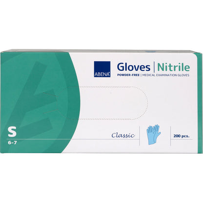 A box of Abena Re-Seller GmbH Nitrile Gloves Classic, powder-free, blue, size S (6-7) contains 200 pieces. The green-white packaging with glove illustration is ideal for medical use.