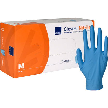 Pictured is a box with the inscription "Abena Re-Seller GmbH Nitrile Gloves Classic, powder-free, blue" in size medium with a single upright blue glove. The mostly white box with orange and blue accents is suitable for medical facilities.