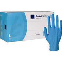 Una confezione di guanti in nitrile Classic della Abena Re-Seller GmbH, senza talco, blu, taglia Large: un singolo guanto blu è in posizione eretta accanto alla confezione bianco-blu ed è ideale per le strutture sanitarie.
