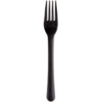 A single black reusable fork (18 cm, PP) from Abena Re-Seller GmbH is centered on a white background. This eco-friendly and sustainable alternative to traditional cutlery has four tines and a slightly curved handle. Package: 50 pieces.