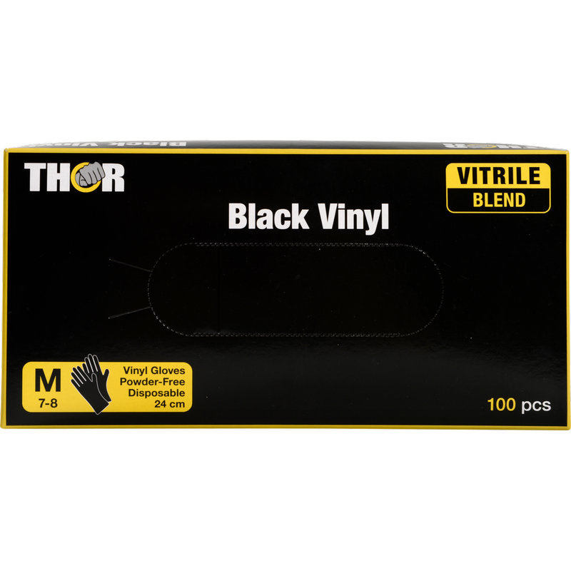 Eine Box Thor Black Vinyl Vitrile Blend, puderfrei von Abena Re-Seller GmbH, Größe M (7-8), Einweg, 24 cm lang, enthält 100 Stück. Die überwiegend schwarze Box hat gelbe Akzente und Text.