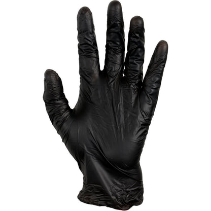 Eine rechte Hand, die einen Thor Black Vinyl, Vitrile Blend, Puderfrei Handschuh von Abena Re-Seller GmbH trägt, ist mit gespreizten Fingern und nach vorne gerichteter Handfläche vor einem schlichten weißen Hintergrund dargestellt.