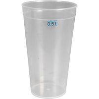 The reusable transparent PP drinking cup from Abena Re-Seller GmbH is dishwasher-safe, eco-friendly, holds 0.5 L, and has a blue mark. The empty cup is shown against a white background.