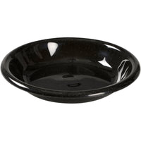 L'assiette réutilisable d'Abena Re-Seller GmbH (550 ml, noire, PP) se présente sous la forme d'un modèle rond et plat, doté d'une surface brillante et mouchetée. Respectueuse de l'environnement et lavable au lave-vaisselle ; lot de 12. Idéale pour servir sur un fond blanc.