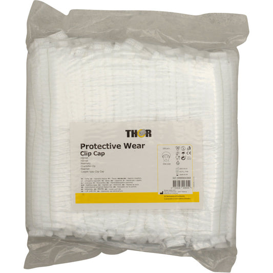 Eine versiegelte Kunststoffpackung enthält weiße Einweg-Thor Cliphauben, ø 53 cm. Das Etikett von Abena Re-Seller GmbH lautet "Protective Wear Clip Cap" mit Anweisungen und Symbolen - ideal für Friseursalons und den professionellen Einsatz.