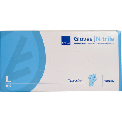 Eine Box Nitril-Handschuhe Classic, puderfrei, blau von Abena Re-Seller GmbH (Größe Large 8-9) enthält 100 Stück. Die Box zeigt alle wichtigen Details zu Handschuhen und Marke auf der Vorderseite.