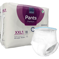 One package of ABENA Pants XXL1, Premium by Abena Re-Seller GmbH (20 pieces), disposable adult diapers, size XXL1, ideal for incontinence and bariatric needs. A white diaper is shown unfolded in front of the package.