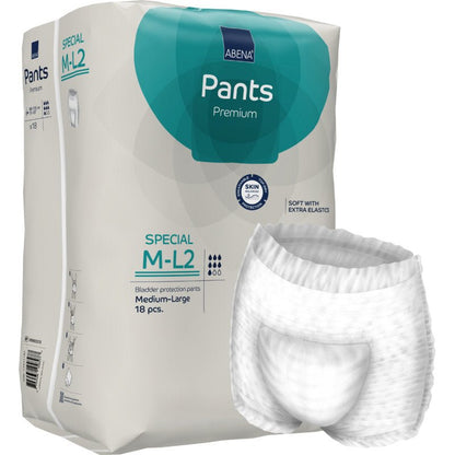 Die ABENA Pants Special Premium von Abena Re-Seller GmbH, Größe mittelgroß, kommt in einer Packung mit 18 Einweghosen für Erwachsene. Die Verpackung zeigt vorne ein Paar weiße Schutzunterwäsche.