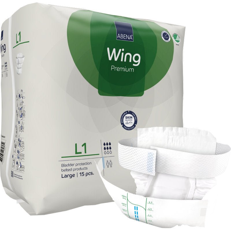 L'image montre un paquet d'ABENA Wing Premium d'Abena Re-Seller GmbH (Large, 15 pièces). Un slip est montré à l'avant pour mettre en valeur son design pour la protection et le confort.