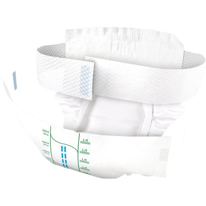 L'ABENA Wing Premium d'Abena Re-Seller GmbH garantit confort et protection avec des côtés élastiques, des languettes adhésives, un noyau absorbant, un indicateur d'humidité et est blanc avec des marques bleues et vertes pour une identification facile.