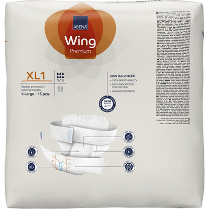 Un paquet de 15 slips d'incontinence pour adultes ABENA Wing Premium (taille XL1) d'Abena Re-Seller GmbH, avec protection de la peau, haute absorption, un diagramme de slip et des points forts du produit sur l'emballage.