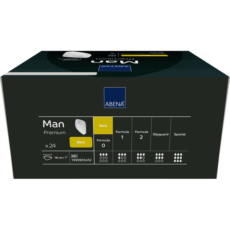 Una scatola rettangolare ABENA Man Zero, Premium di Abena Re-Seller GmbH contiene 24 pezzi. La confezione scura con accenti bianchi e gialli evidenzia la protezione discreta e dispone di icone per i livelli di assorbenza e le informazioni sul prodotto.