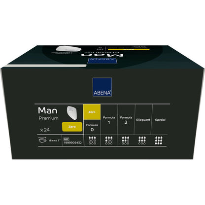 Una scatola rettangolare ABENA Man Zero, Premium di Abena Re-Seller GmbH contiene 24 pezzi. La confezione scura con accenti bianchi e gialli evidenzia la protezione discreta e dispone di icone per i livelli di assorbenza e le informazioni sul prodotto.
