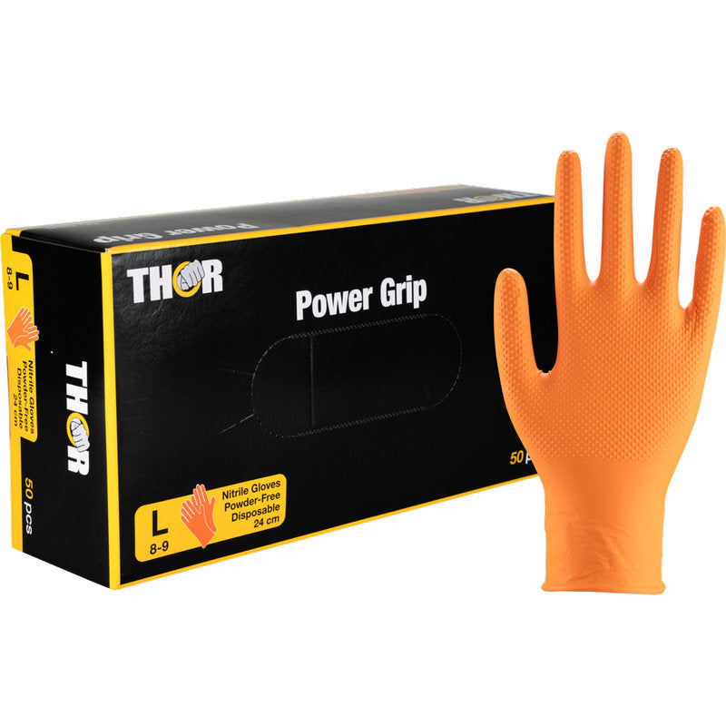 Abgebildet ist eine Schachtel Thor Power Grip, Orange Nitrilhandschuhe der Abena Re-Seller GmbH, neben der ein Handschuh aufrecht steht. Die schwarz-gelbe Verpackung hebt die Größe L hervor, enthält 50 Handschuhe und vermarktet sie als Handkraft Trainer.