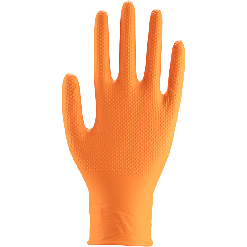 Der Abena Re-Seller GmbH Thor Power Grip, Orange Einweghandschuh ist aufrecht mit gespreizten Fingern abgebildet, ideal für Griffkraft- und Unterarmtraining Handtrainer Übungen. Er ist aus texturiertem Nitril- oder Latexmaterial gefertigt.