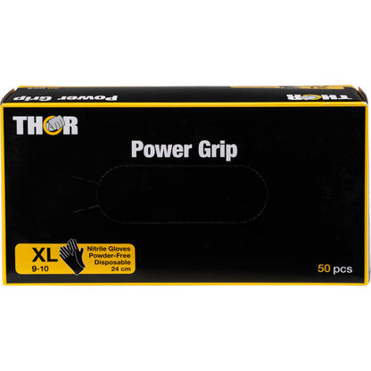 Eine schwarz-gelbe Schachtel Thor Power Grip, Schwarz Nitrilhandschuhe von Abena Re-Seller GmbH, Größe XL (9-10), puderfrei, Einweg, 24 cm lang, 50 Stück pro Schachtel. Mit Produktinfo und Handschuhabbildung auf der Vorderseite; ideal für Krafttraining.