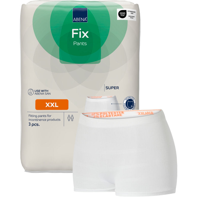Eine Packung Abena Re-Seller GmbH Fixierhosen ABENA Fix Pants Super, Größe XXL, für Inkontinenz (3 Stück) wird neben einem Paar weißer netzartiger Unterwäsche gezeigt.