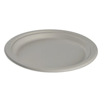 The "Teller, Bagasse, White" plate from Abena Re-Seller GmbH is a round, biodegradable plate made from bagasse, featuring a flat rim and an eco-friendly design—shown here against a white background.
