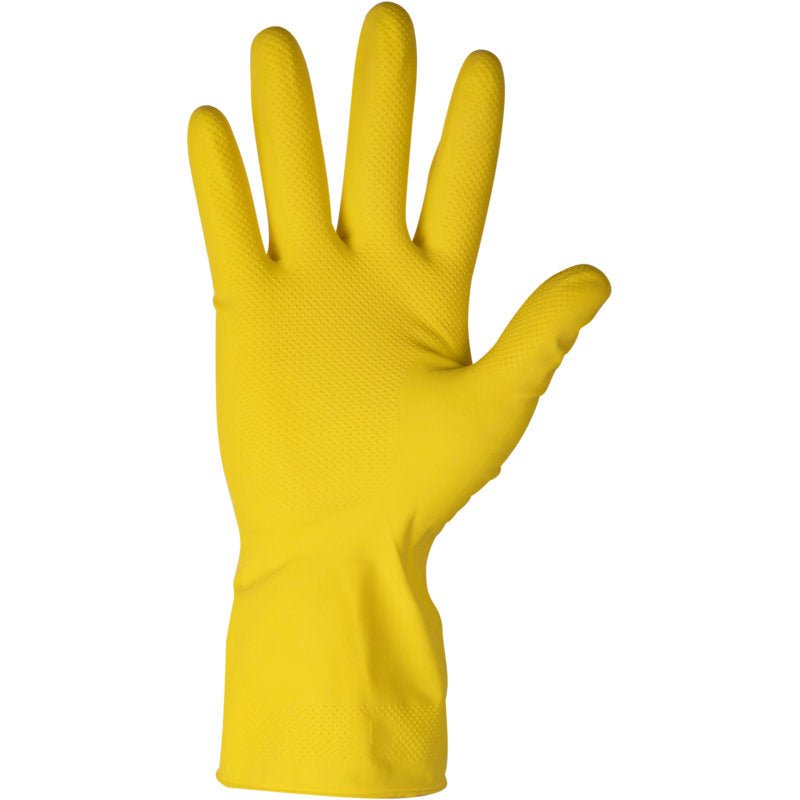 Un gant ménager en latex ENA Household en jaune de Abena Re-Seller GmbH est illustré avec les doigts écartés devant un fond blanc simple.