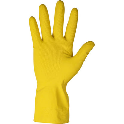 Un gant ménager en latex ENA Household en jaune de Abena Re-Seller GmbH est illustré avec les doigts écartés devant un fond blanc simple.