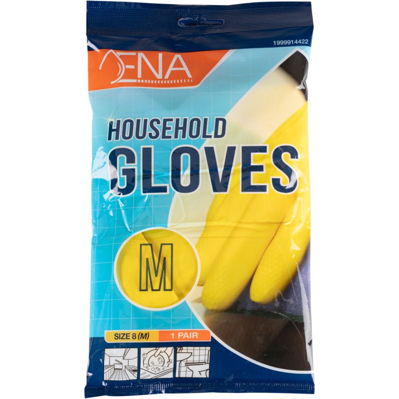 Un paquet de gants ménagers en latex ENA Household de Abena Re-Seller GmbH en jaune, taille M, contient une paire. L'emballage bleu-orange montre des textes et des diagrammes pour le nettoyage et diverses tâches ménagères.