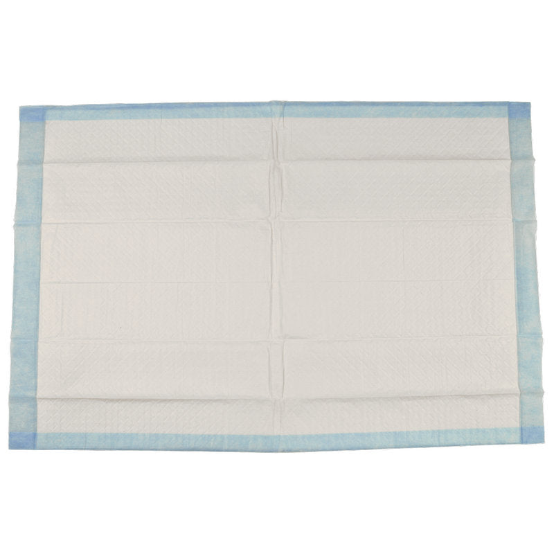 Die ABENA Tissue Einweg-Unterlage, 6-lagig, 60x90 cm, Blau (25 Paare) von Abena Re-Seller GmbH ist flach mit weißer Mitte und hellblauem Rand auf unifarbenem Hintergrund abgebildet.