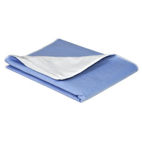 Une alèse lavable Abena Re-Seller GmbH pliée, avec rabats, en PU, 75 x 85 cm, de couleur bleue, est représentée sur un fond blanc et dotée d'une couche intérieure blanche absorbante — idéale comme alèse de protection pour un confort accru. Disponible en carton (lot de 36).