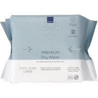 A 50-pack of ABENA Premium disposable washcloths (30x30 cm, white) from Abena Re-Seller GmbH offers hygienic cleansing, high absorbency, and personal care; they are plastic-free and disposable.